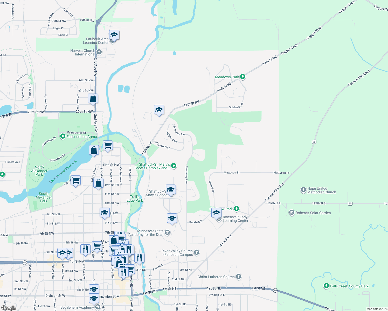 map of restaurants, bars, coffee shops, grocery stores, and more near 707 Legacy Court in Faribault