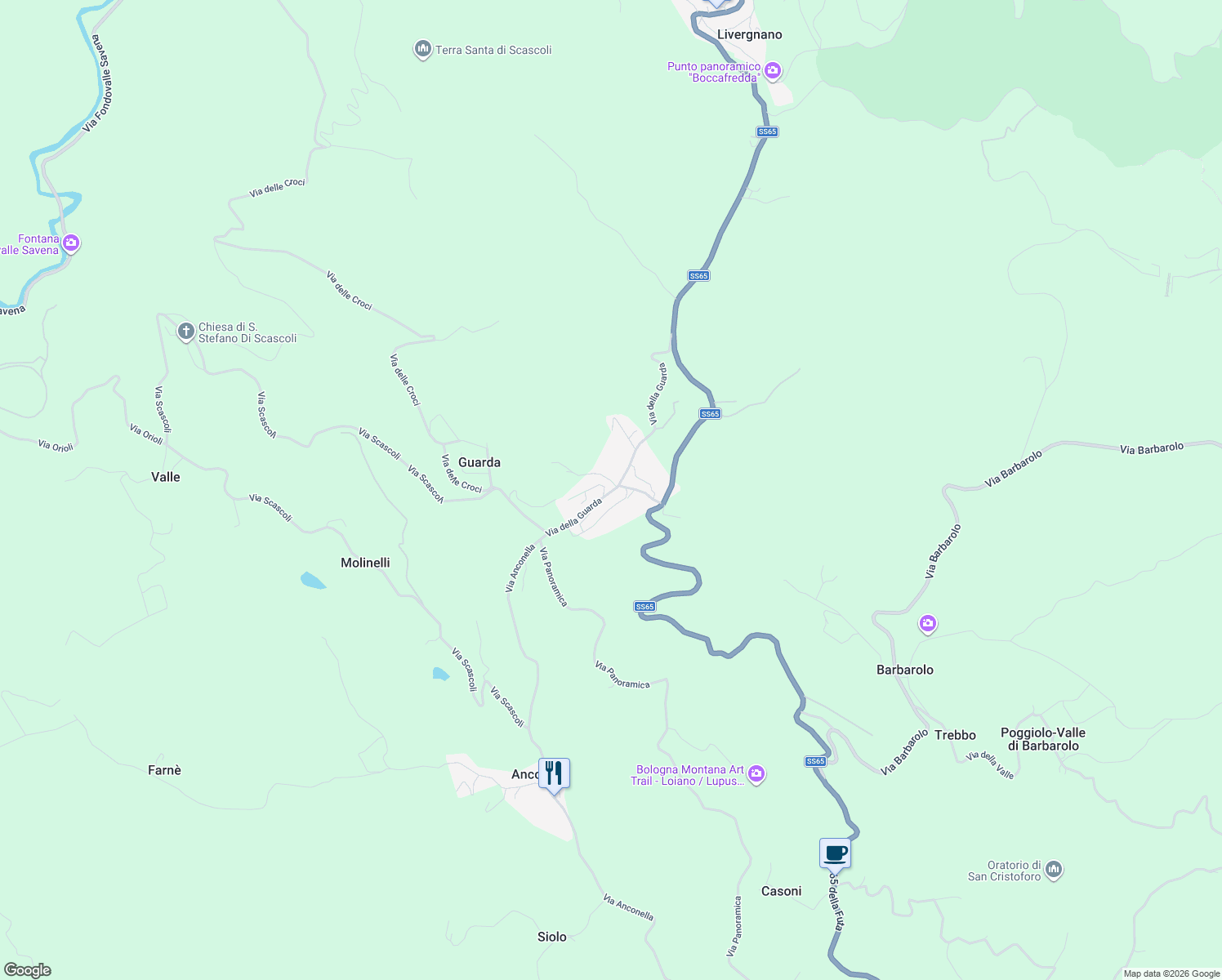 map of restaurants, bars, coffee shops, grocery stores, and more near 19 Via della Guarda in Guarda