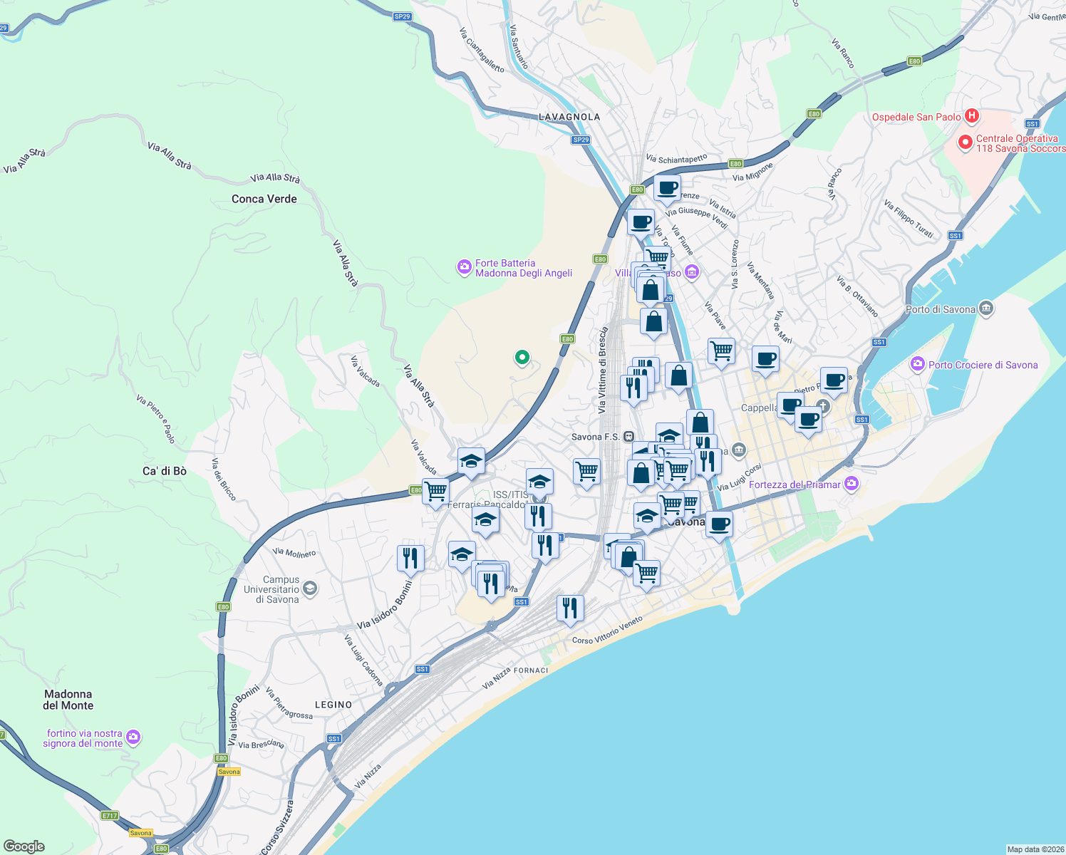 map of restaurants, bars, coffee shops, grocery stores, and more near Via Giovanni Tissoni in Savona