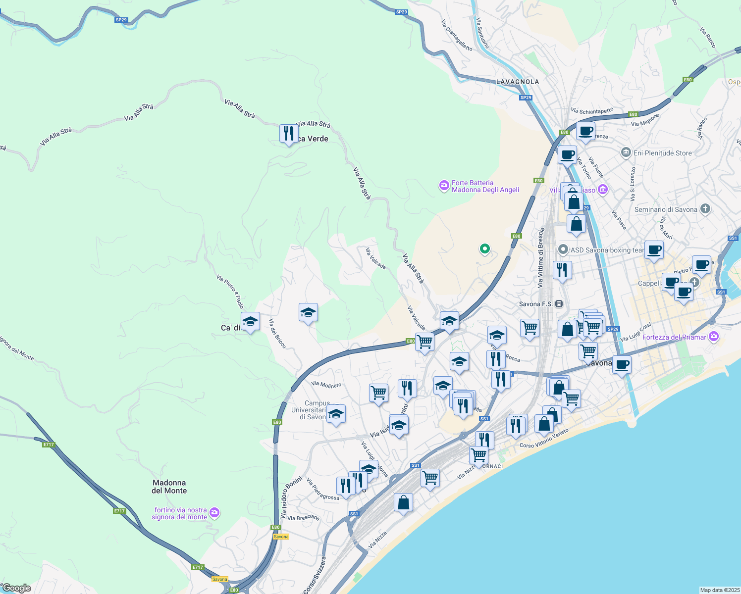map of restaurants, bars, coffee shops, grocery stores, and more near 21 Via Valcada in Provincia di Savona