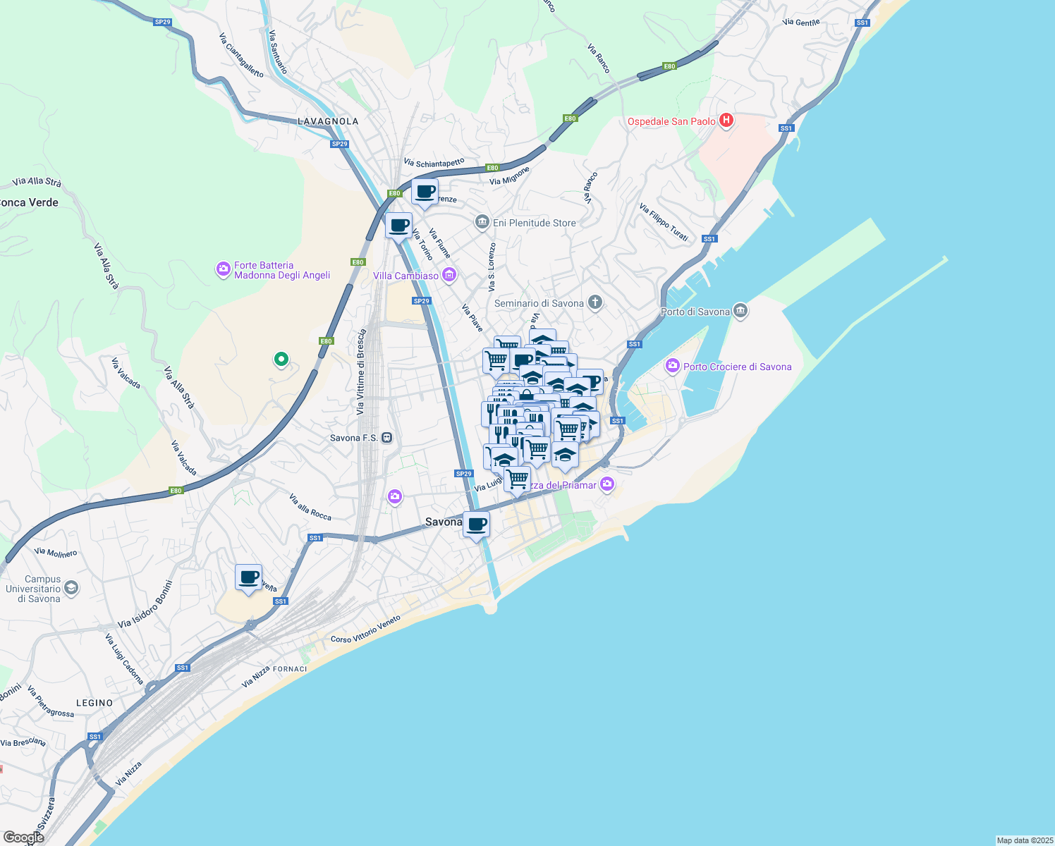 map of restaurants, bars, coffee shops, grocery stores, and more near 22 Via Cristoforo Astengo in Savona