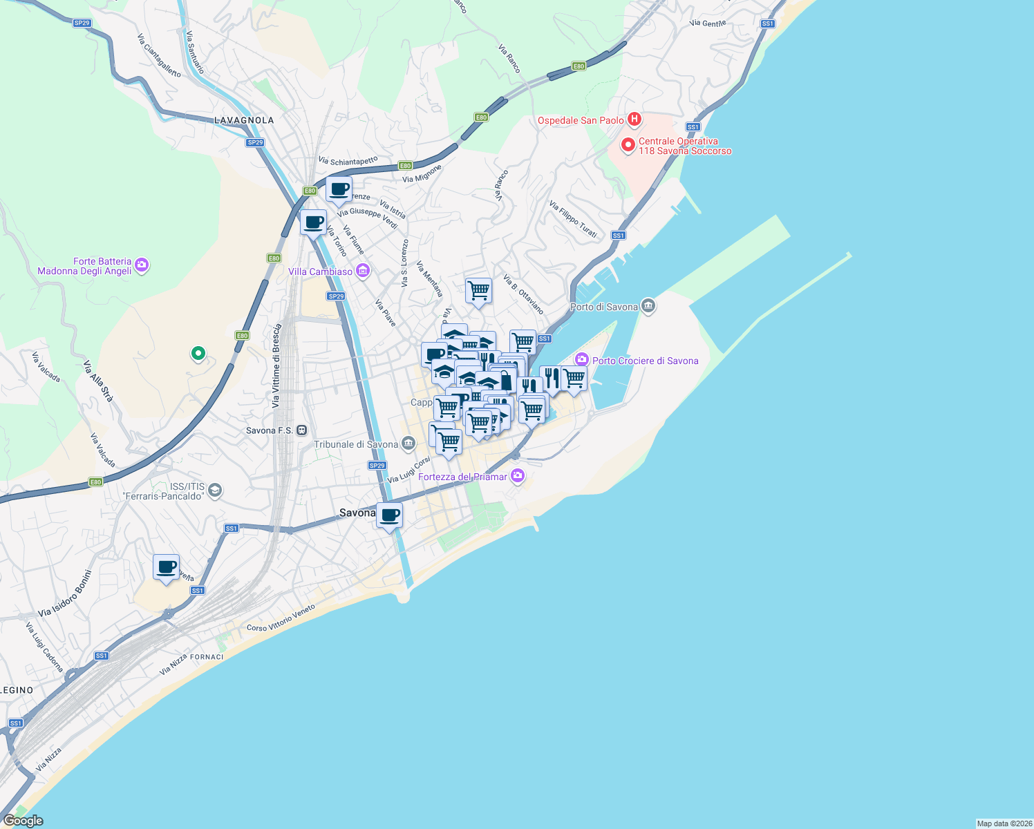 map of restaurants, bars, coffee shops, grocery stores, and more near 100 Via Pia in Savona