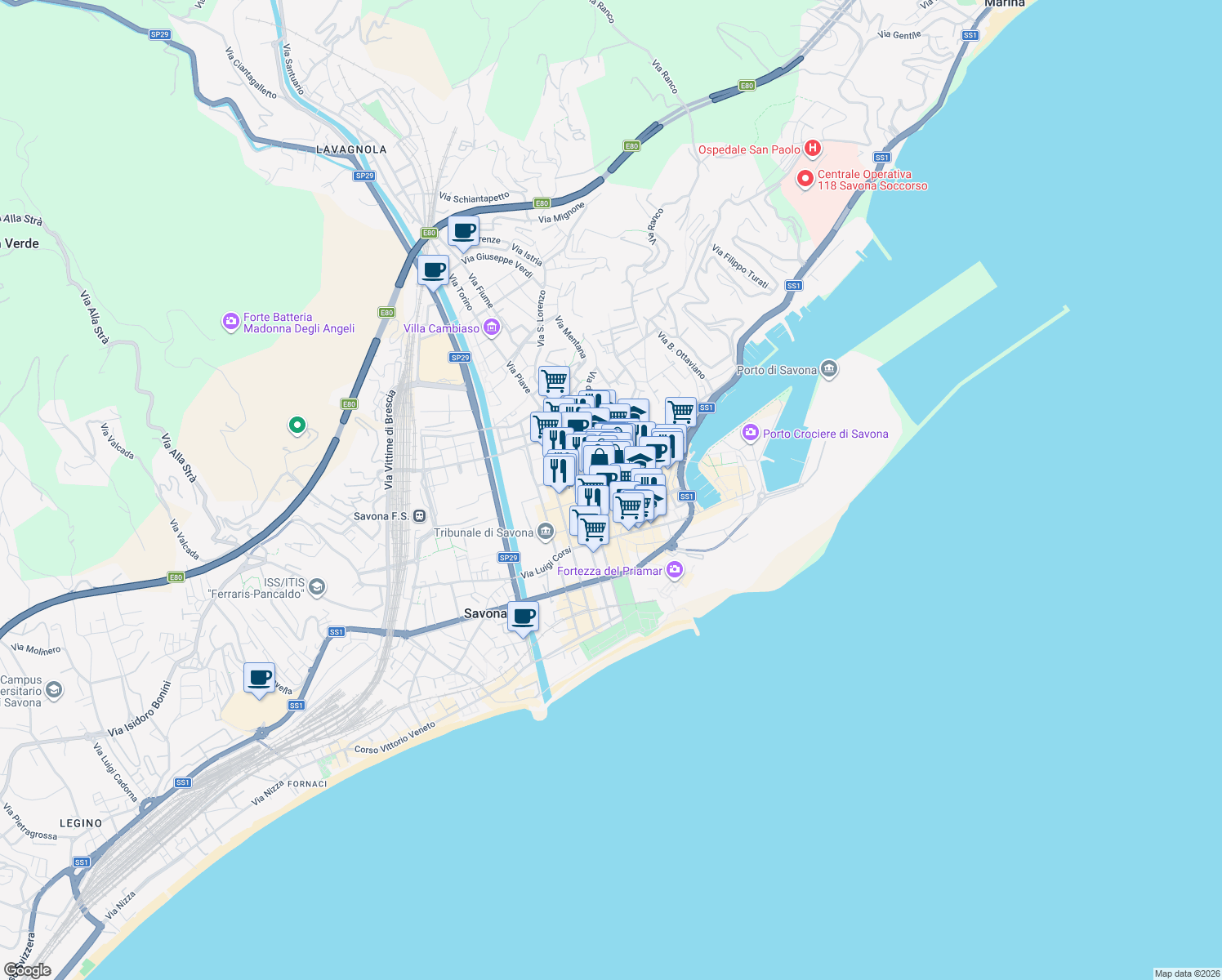 map of restaurants, bars, coffee shops, grocery stores, and more near 121R Corso Italia in Savona