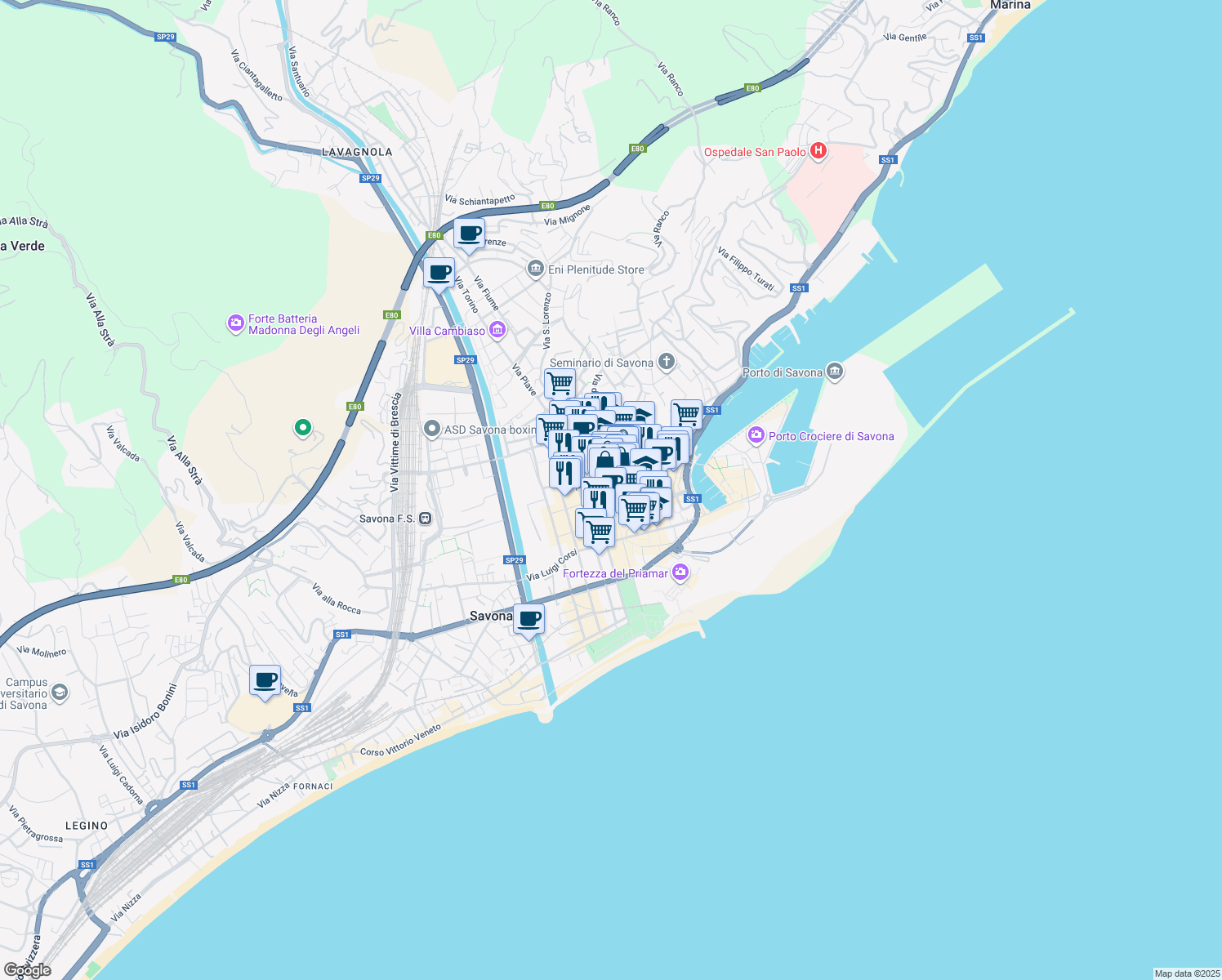 map of restaurants, bars, coffee shops, grocery stores, and more near 121R Corso Italia in Savona