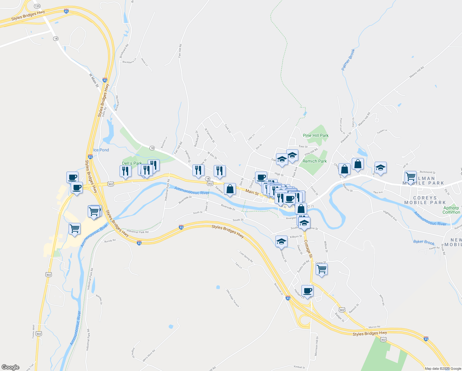 map of restaurants, bars, coffee shops, grocery stores, and more near 254 Main Street in Littleton