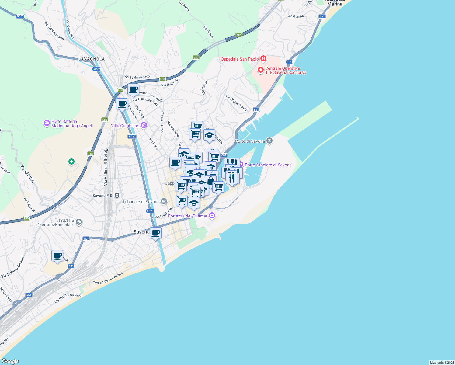 map of restaurants, bars, coffee shops, grocery stores, and more near Largo delle Coffe in Savona