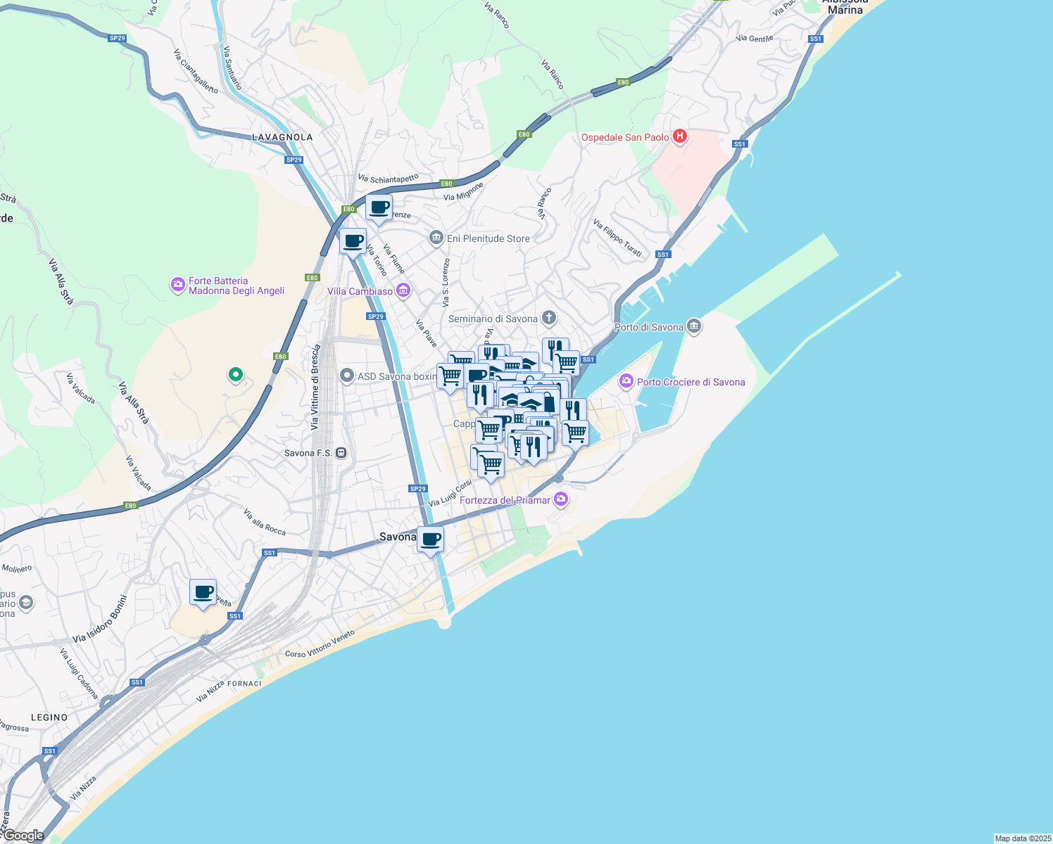 map of restaurants, bars, coffee shops, grocery stores, and more near Via Santa Maria Maggiore in Savona