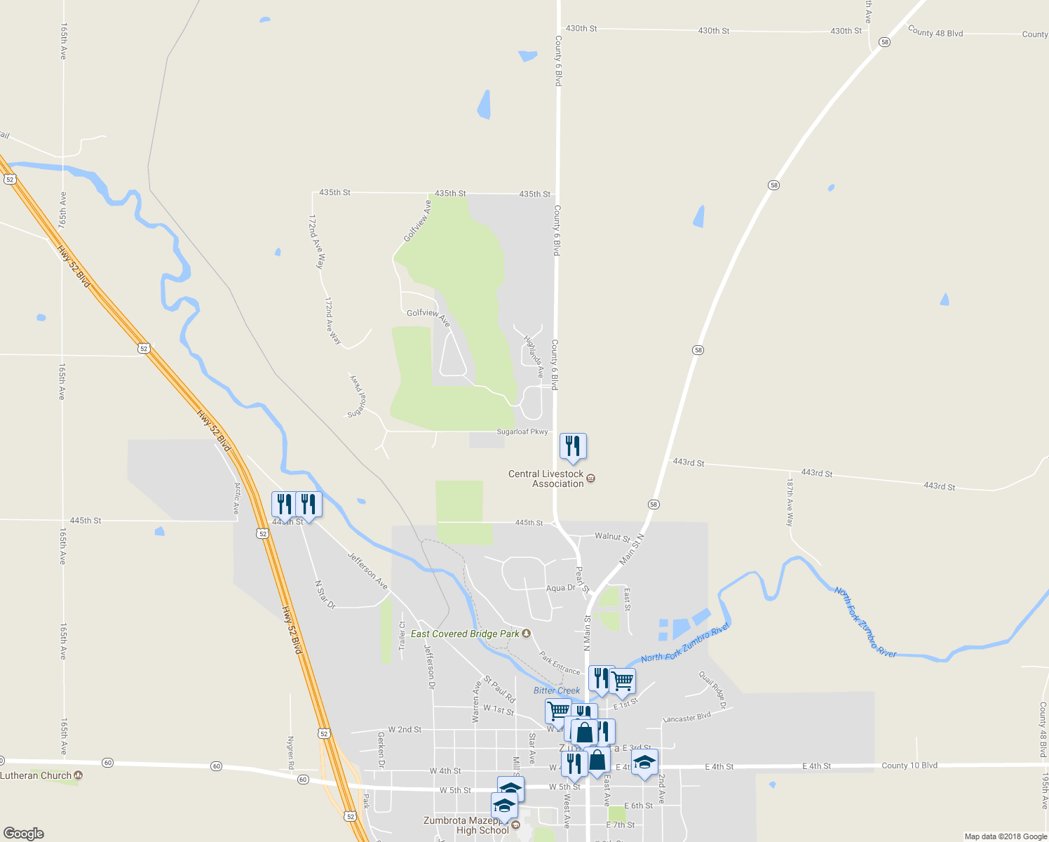 map of restaurants, bars, coffee shops, grocery stores, and more near 118 Highlands Circle in Zumbrota