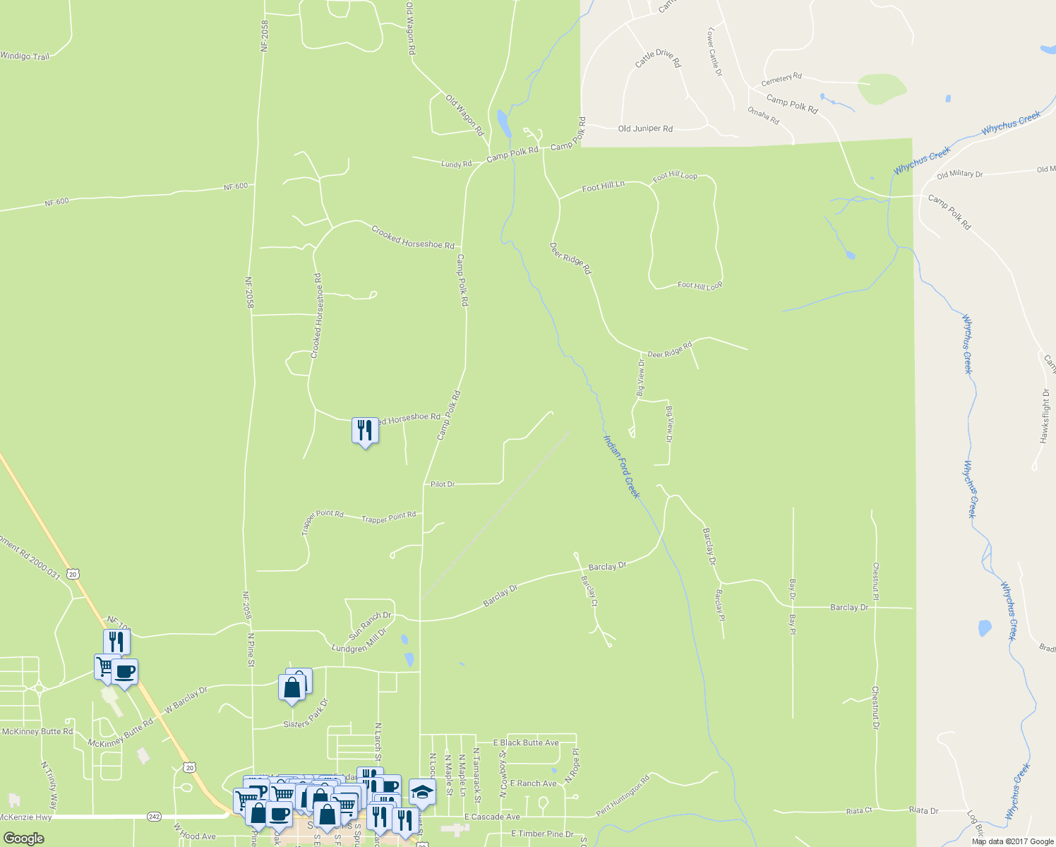 map of restaurants, bars, coffee shops, grocery stores, and more near 15920 Pilot Drive in Sisters