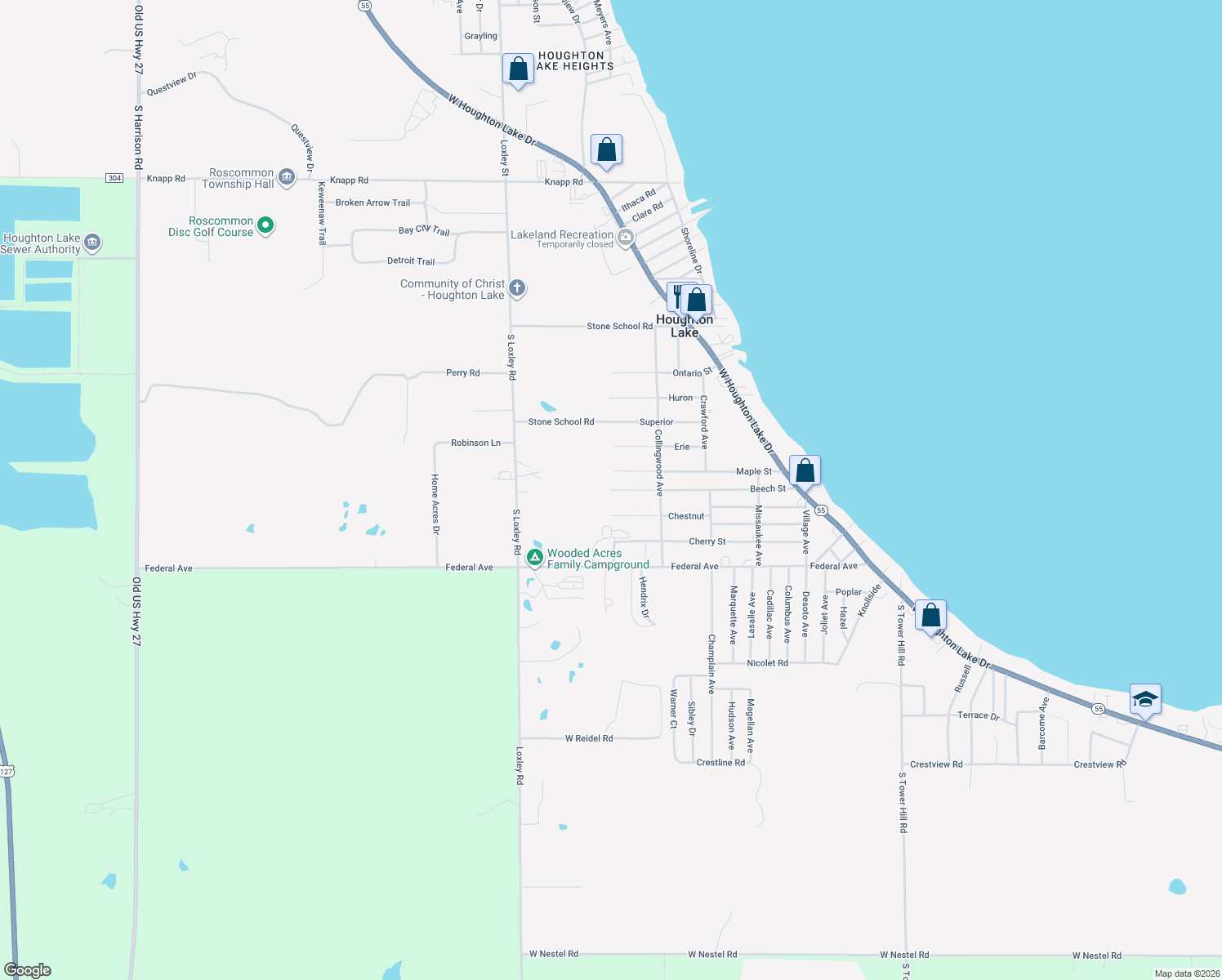map of restaurants, bars, coffee shops, grocery stores, and more near 417 Beech in Roscommon Township