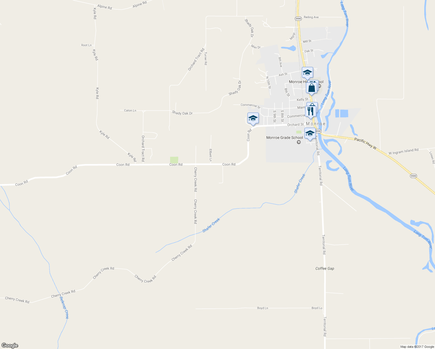 map of restaurants, bars, coffee shops, grocery stores, and more near 26434 Coon Road in Monroe