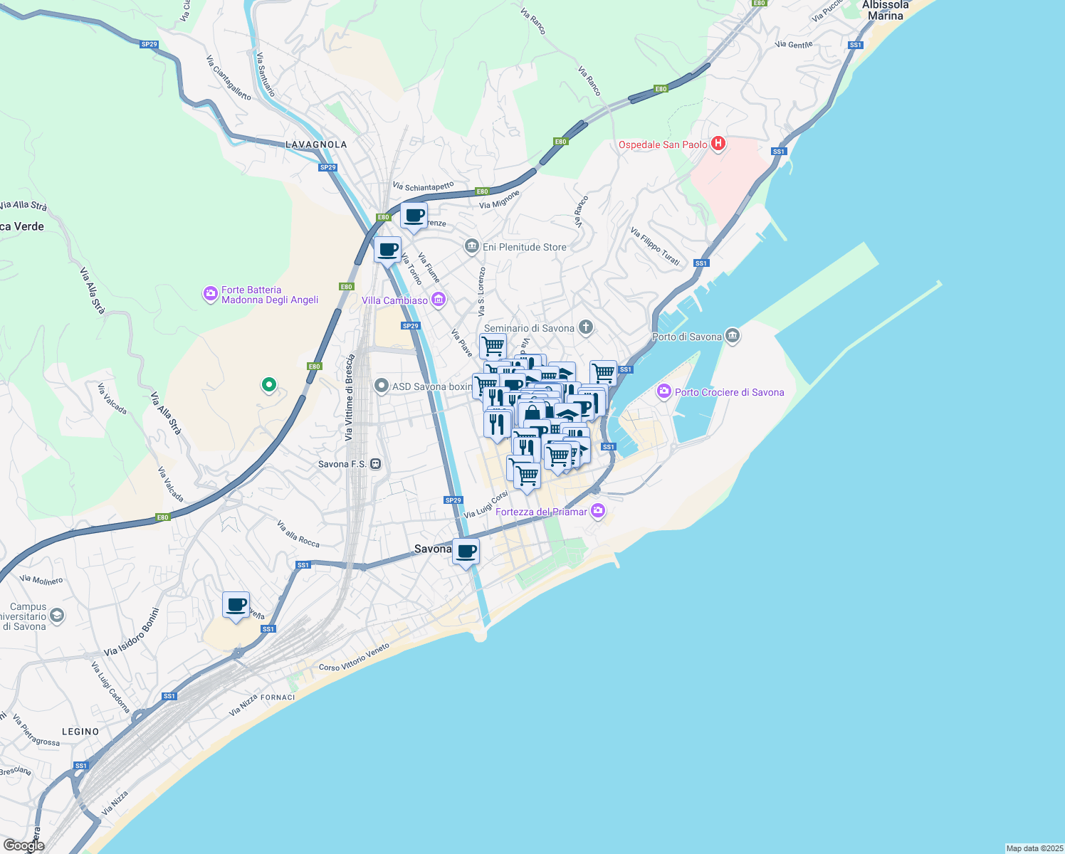 map of restaurants, bars, coffee shops, grocery stores, and more near 121R Corso Italia in Savona