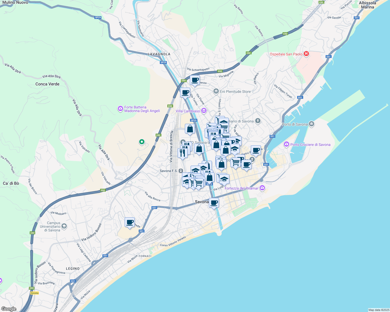 map of restaurants, bars, coffee shops, grocery stores, and more near 3 Via Angelo Bevilacqua in Savona