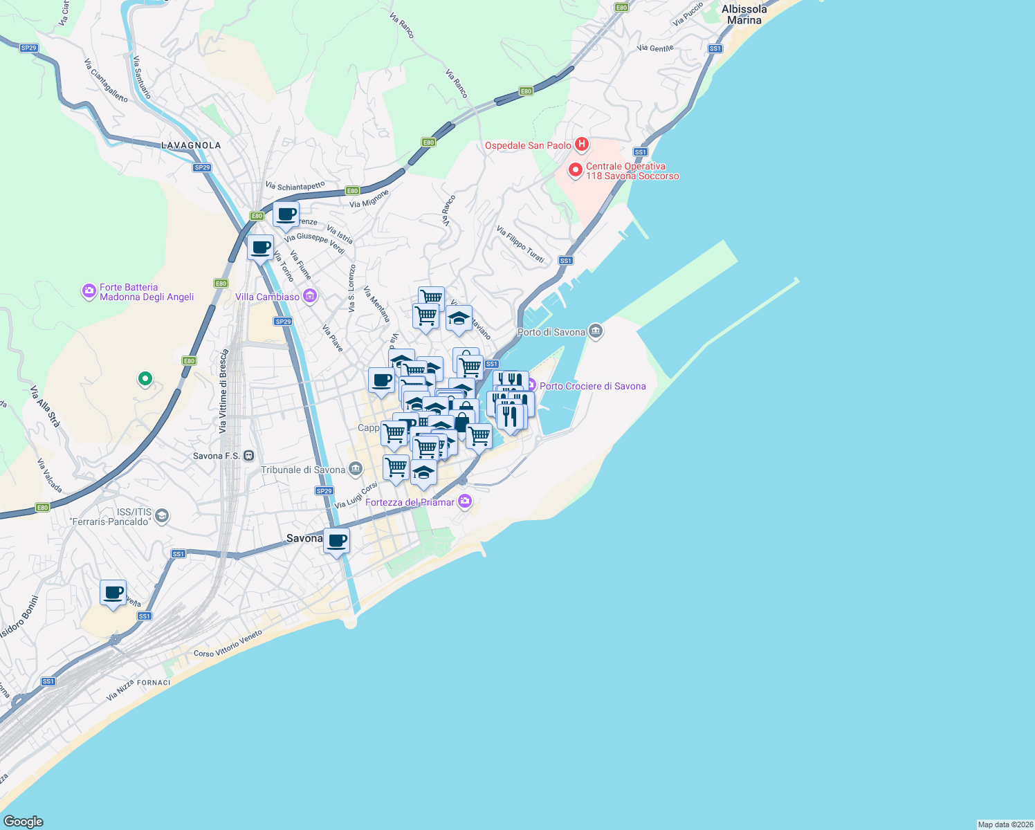 map of restaurants, bars, coffee shops, grocery stores, and more near Largo delle Coffe in Savona