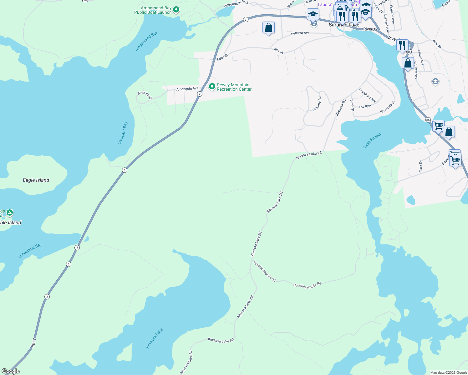 map of restaurants, bars, coffee shops, grocery stores, and more near 66 Dewey Mountain Road in Saranac Lake