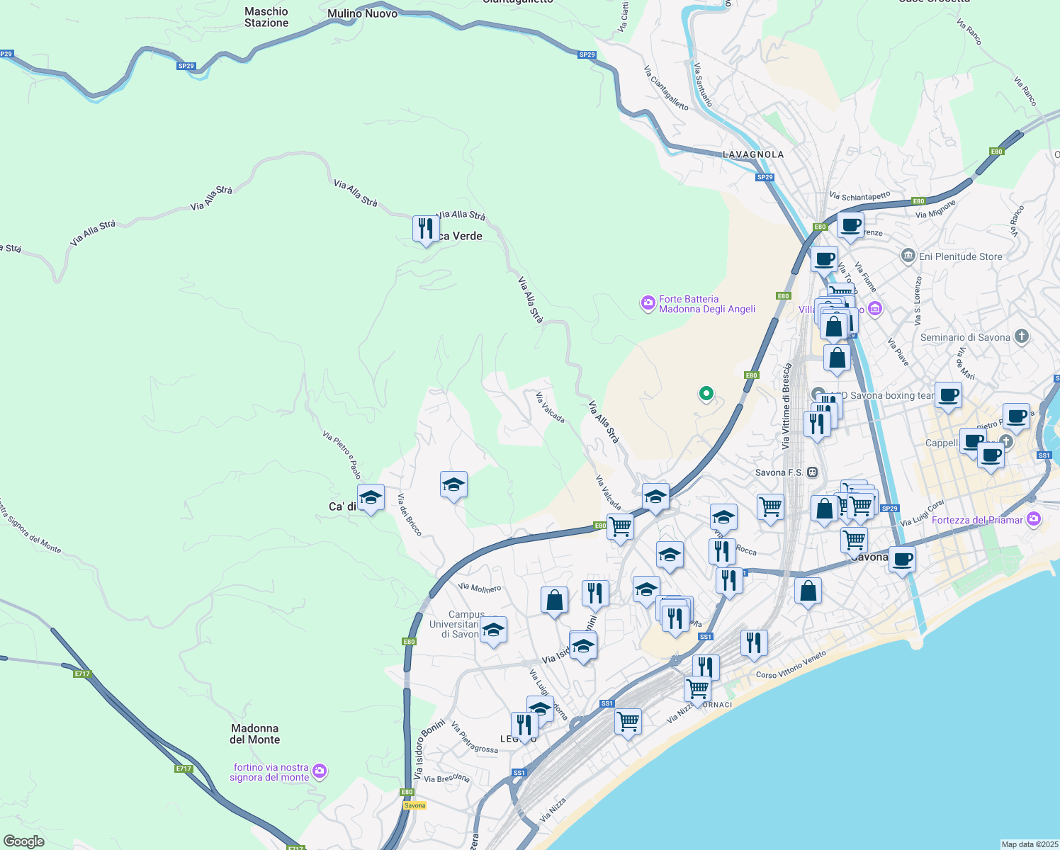 map of restaurants, bars, coffee shops, grocery stores, and more near 21 Via Valcada in Savona