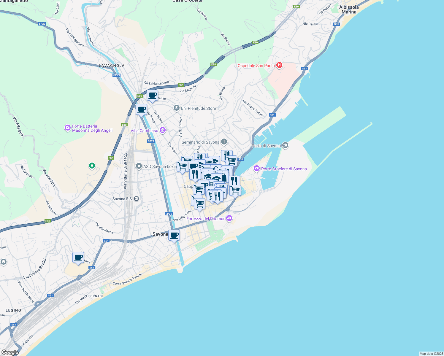 map of restaurants, bars, coffee shops, grocery stores, and more near Via Santa Maria Maggiore in Savona