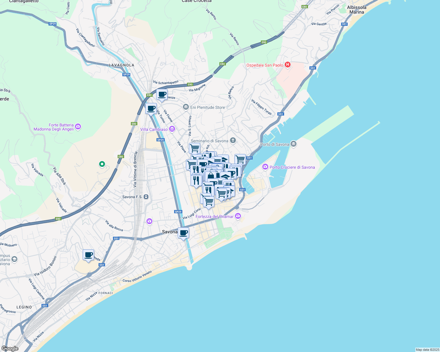 map of restaurants, bars, coffee shops, grocery stores, and more near 121R Corso Italia in Savona