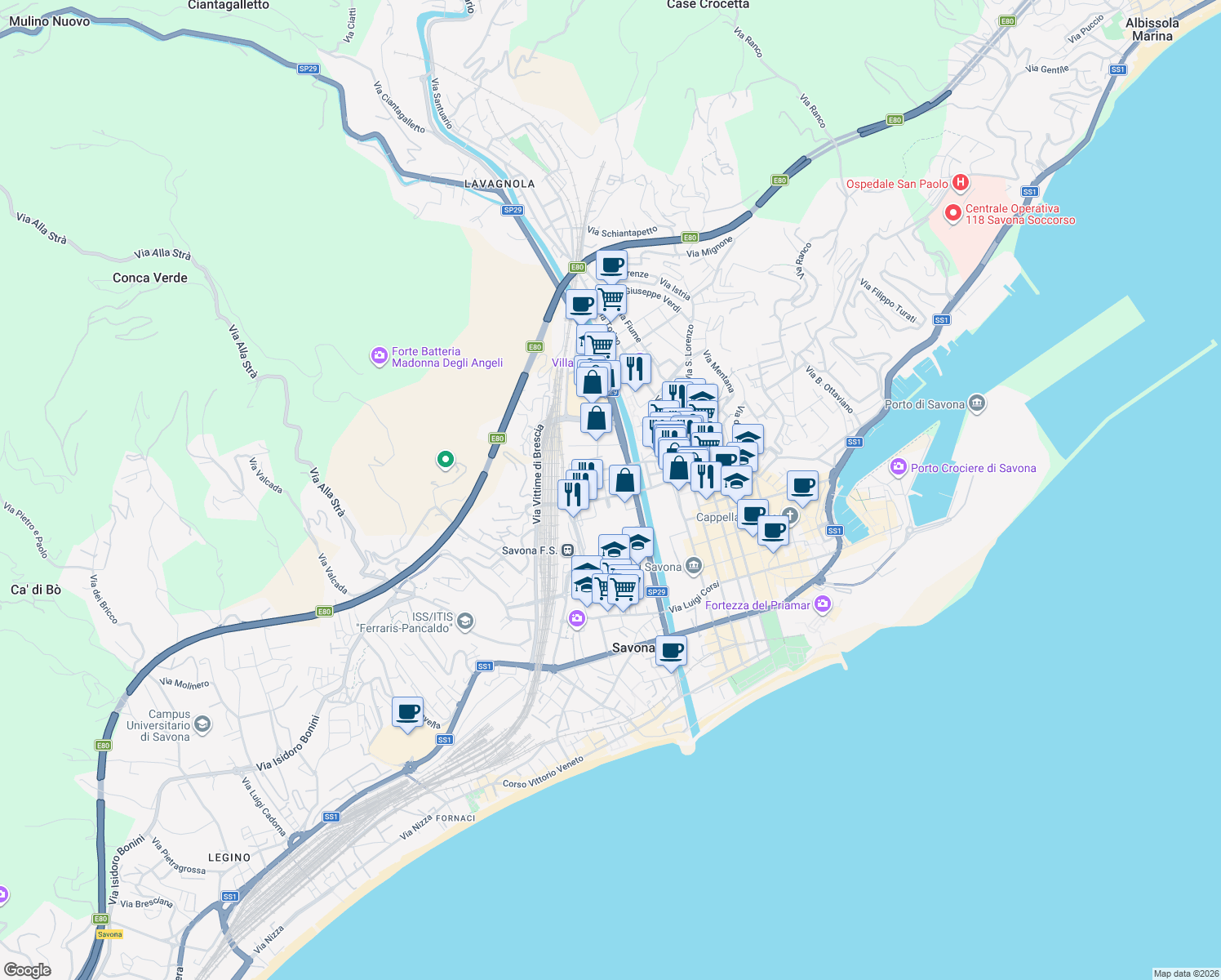 map of restaurants, bars, coffee shops, grocery stores, and more near 32 Via A. Aglietto in Savona