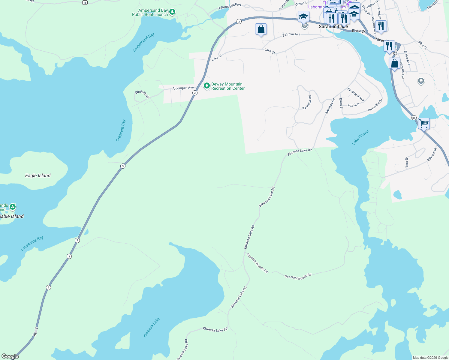 map of restaurants, bars, coffee shops, grocery stores, and more near 66 Dewey Mountain Road in Saranac Lake