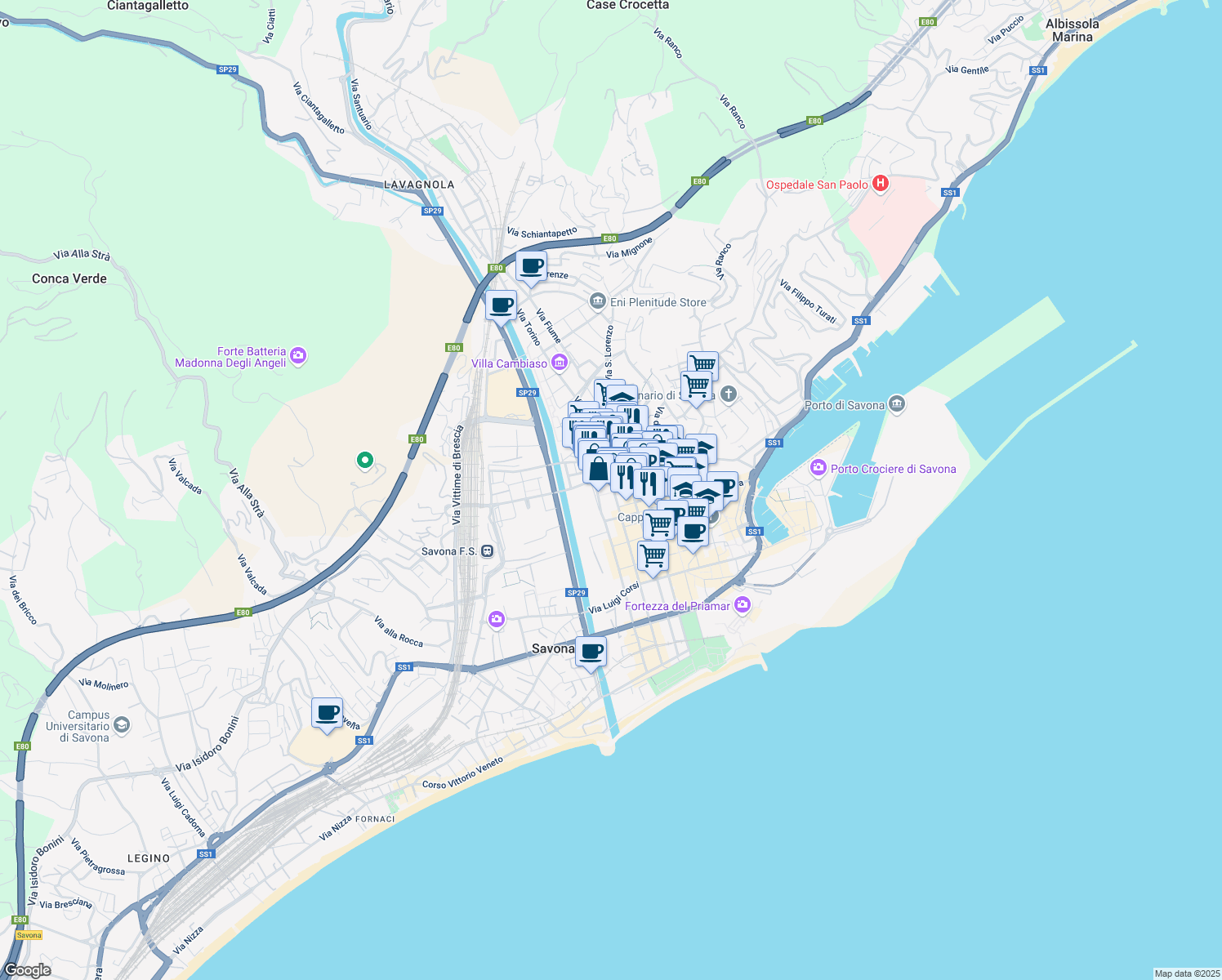 map of restaurants, bars, coffee shops, grocery stores, and more near 6 Via Montesisto Giuseppe in Savona