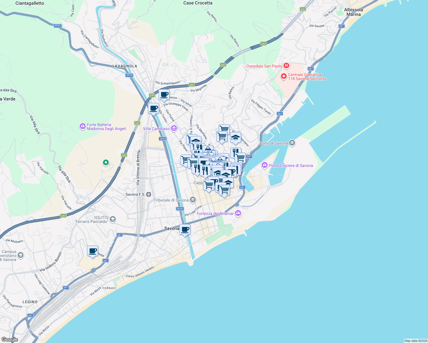 map of restaurants, bars, coffee shops, grocery stores, and more near 10 Via A. Manzoni in Savona