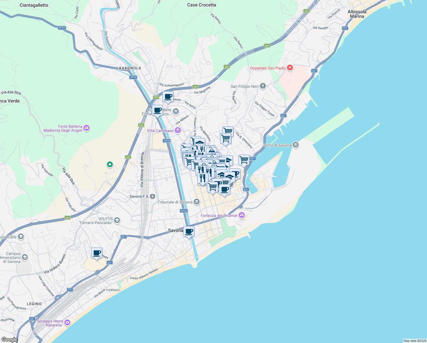 map of restaurants, bars, coffee shops, grocery stores, and more near 65 Corso Italia in Savona