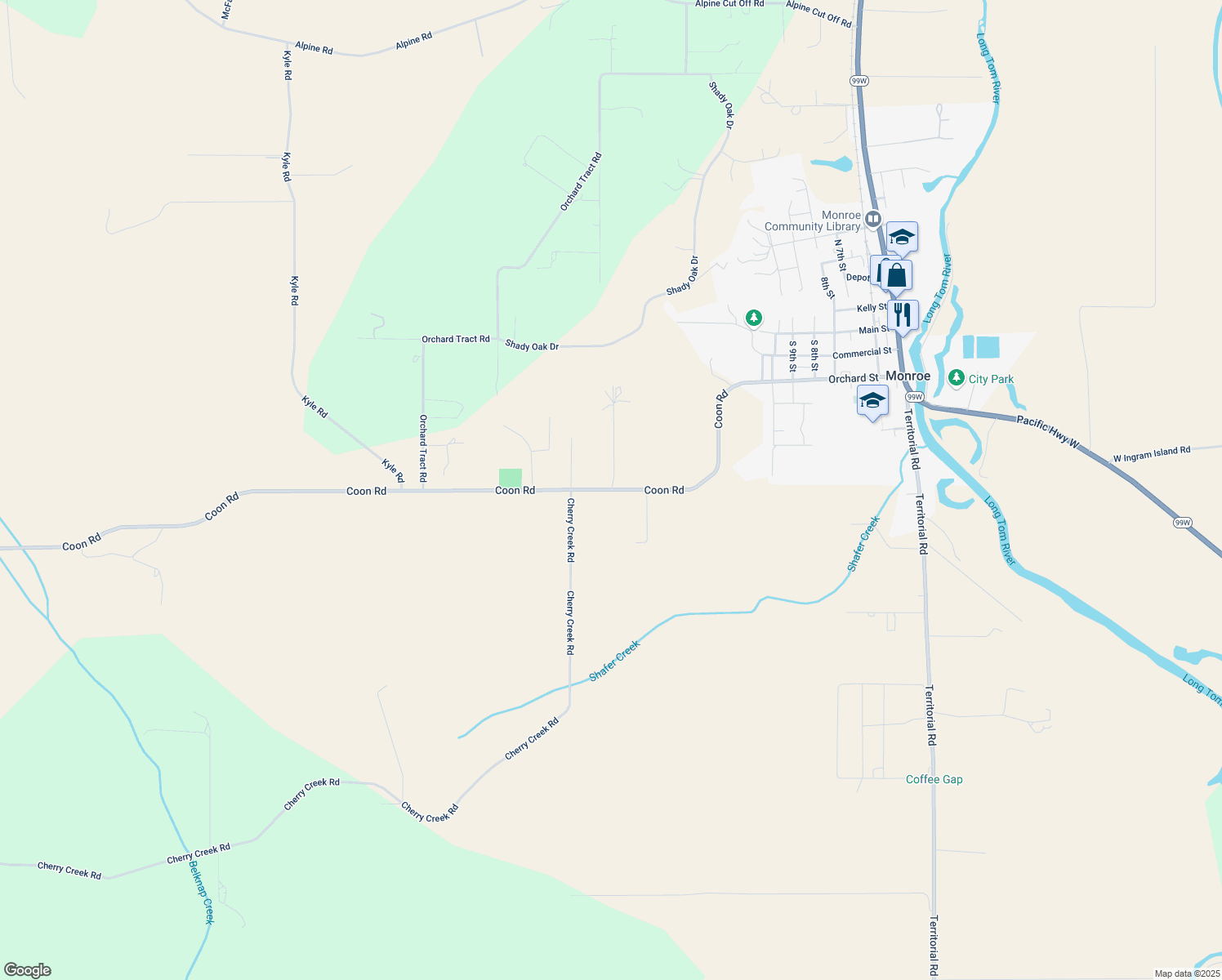map of restaurants, bars, coffee shops, grocery stores, and more near 26343 Coon Rd in Monroe