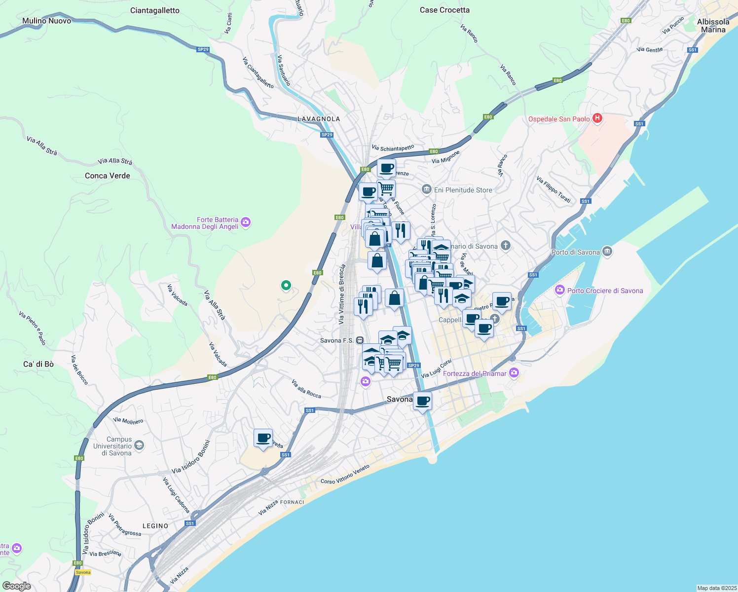 map of restaurants, bars, coffee shops, grocery stores, and more near 49 Via A. Aglietto in Savona