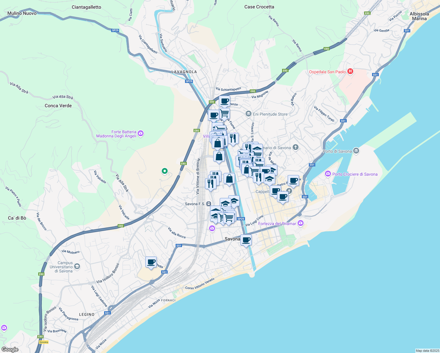 map of restaurants, bars, coffee shops, grocery stores, and more near 49 Via A. Aglietto in Savona