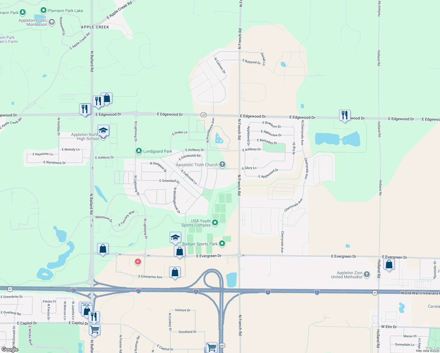 map of restaurants, bars, coffee shops, grocery stores, and more near 4734 North Fallview Lane in Appleton