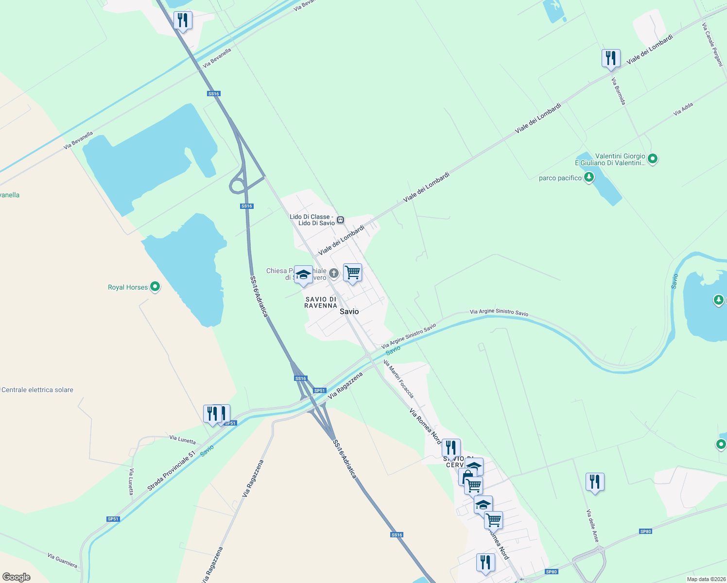 map of restaurants, bars, coffee shops, grocery stores, and more near Via Saviazzo in Savio