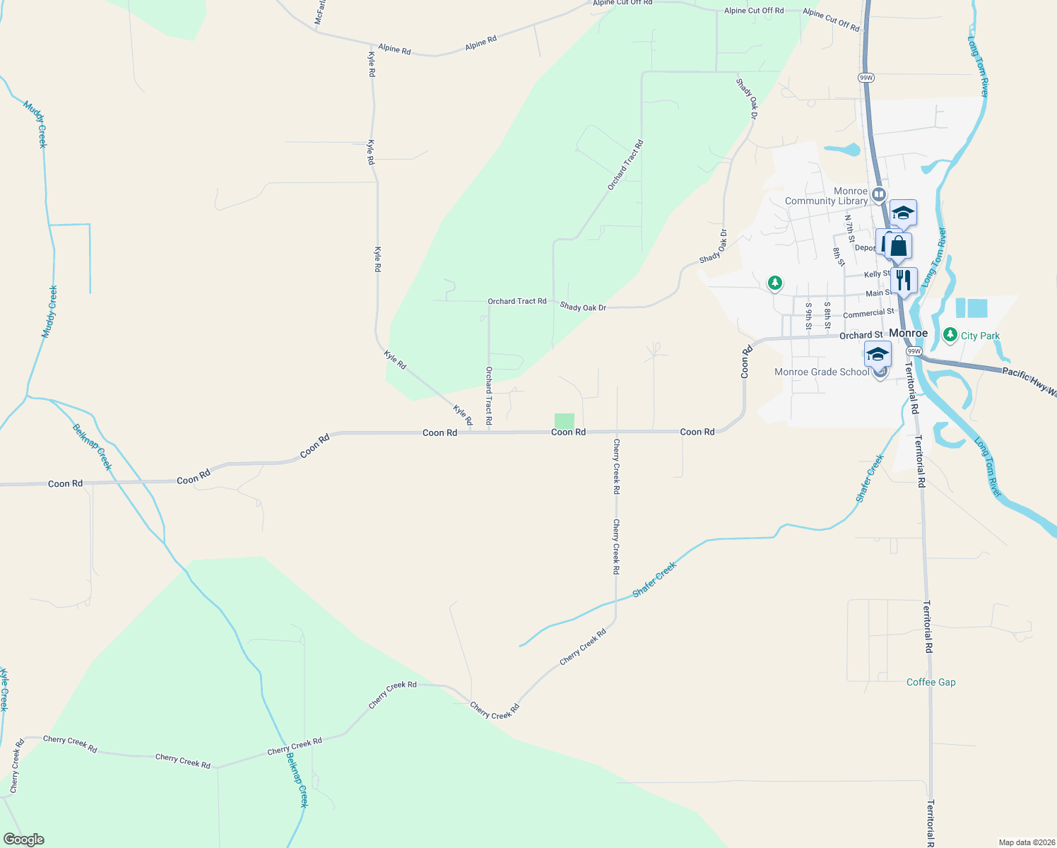 map of restaurants, bars, coffee shops, grocery stores, and more near 26211 Coon Road in Monroe