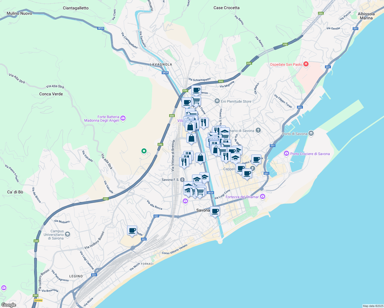 map of restaurants, bars, coffee shops, grocery stores, and more near 49 Via A. Aglietto in Savona