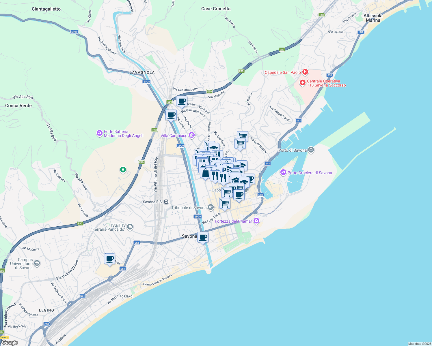 map of restaurants, bars, coffee shops, grocery stores, and more near 6 Via Montesisto Giuseppe in Savona