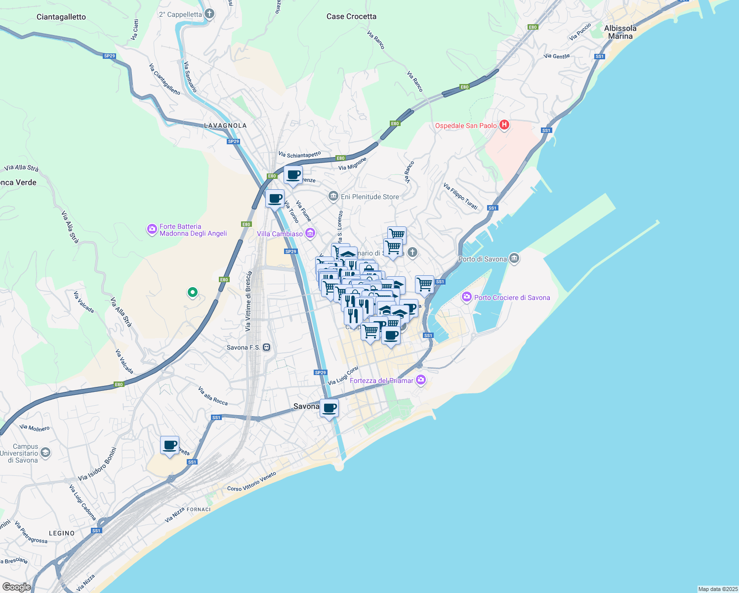 map of restaurants, bars, coffee shops, grocery stores, and more near 31 Corso Italia in Savona