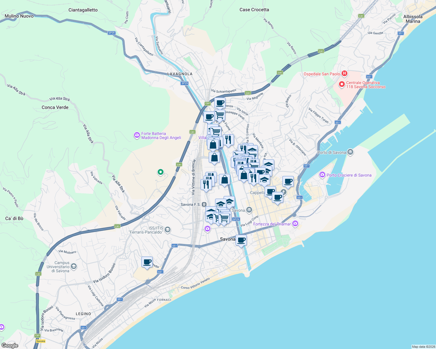 map of restaurants, bars, coffee shops, grocery stores, and more near 32 Via A. Aglietto in Savona