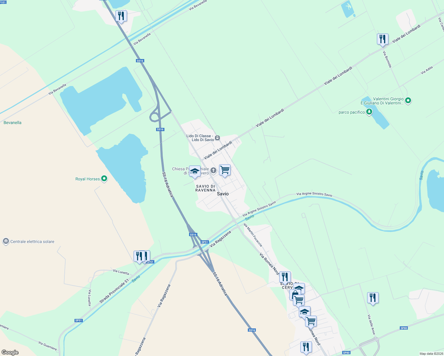 map of restaurants, bars, coffee shops, grocery stores, and more near Via Saviazzo in Savio