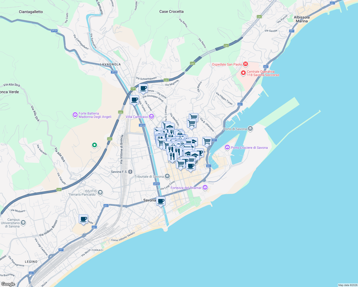 map of restaurants, bars, coffee shops, grocery stores, and more near 65 Corso Italia in Savona