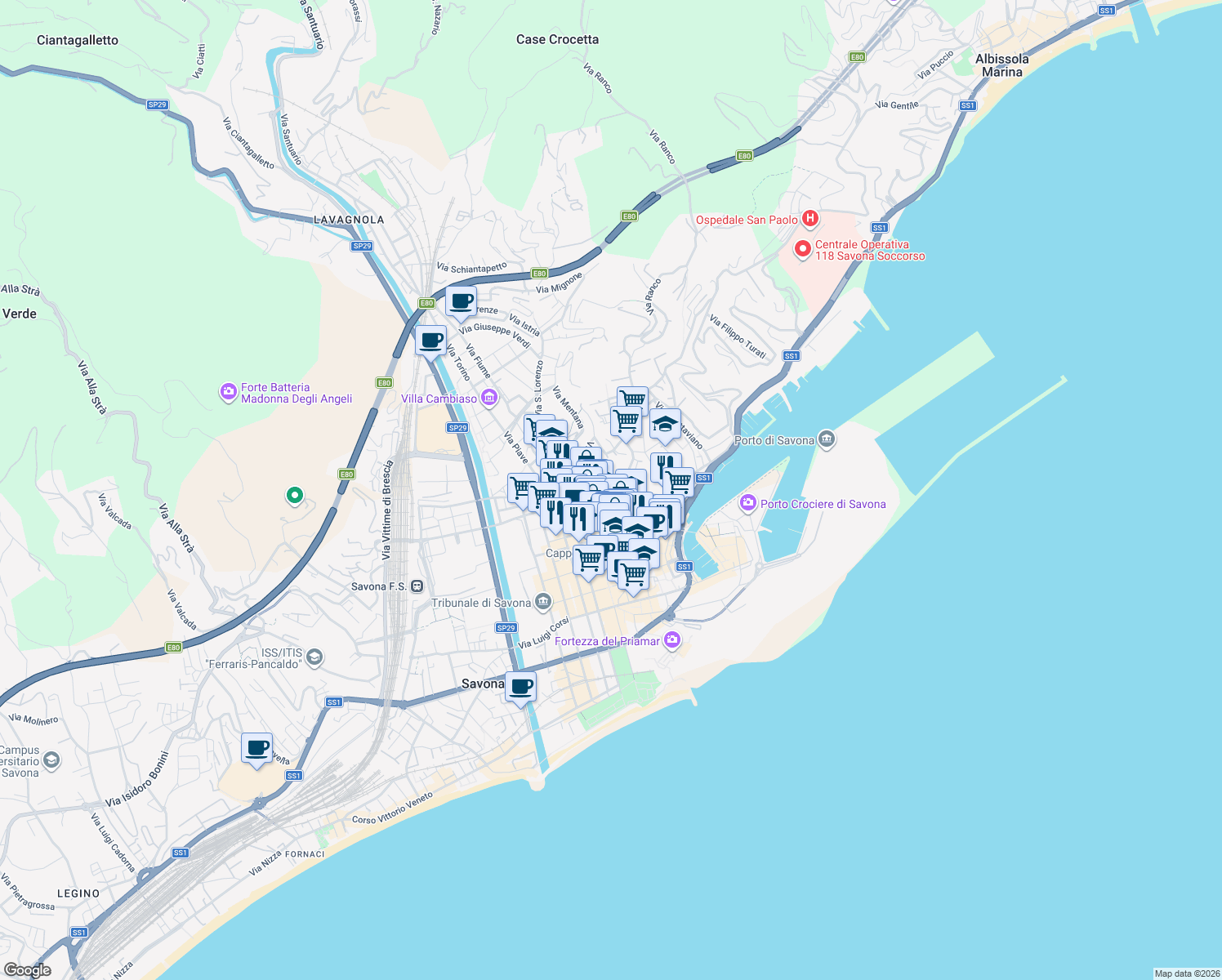 map of restaurants, bars, coffee shops, grocery stores, and more near 10 Via Alessandro Manzoni in Savona