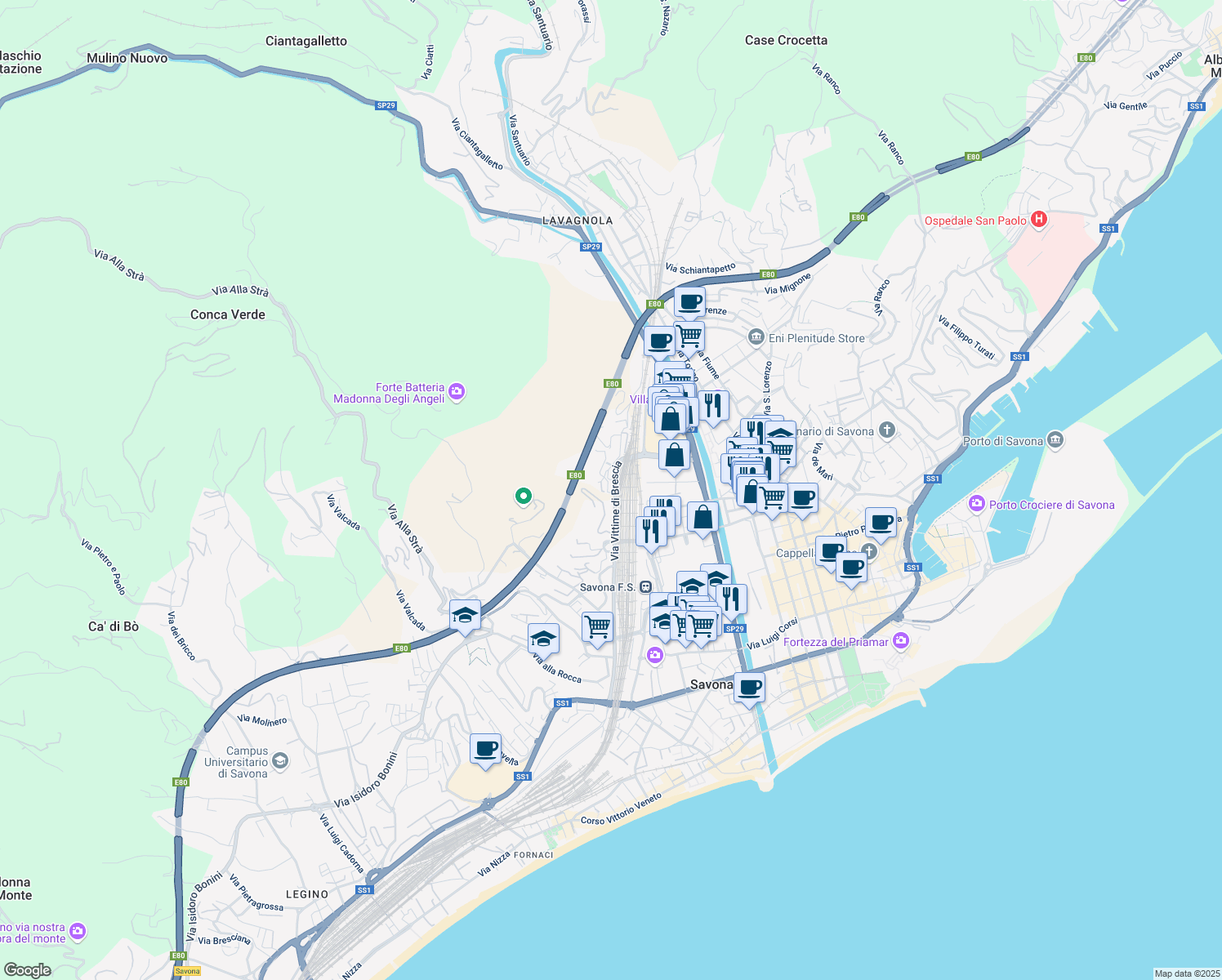 map of restaurants, bars, coffee shops, grocery stores, and more near 13 Via Prudente Giuseppe in Savona