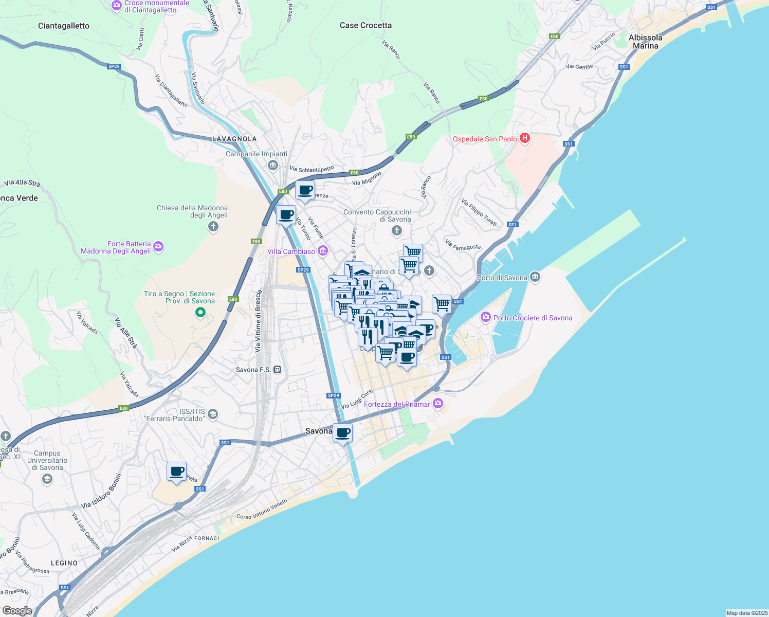 map of restaurants, bars, coffee shops, grocery stores, and more near 2 Piazza Guglielmo Marconi in Savona