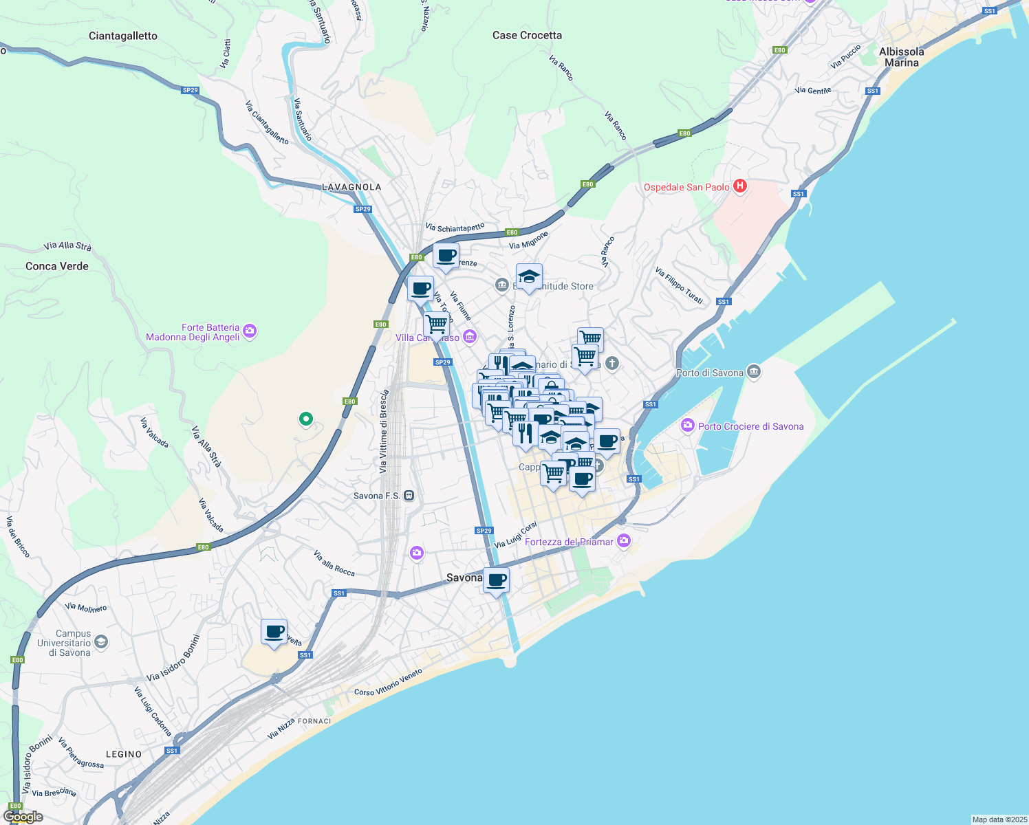 map of restaurants, bars, coffee shops, grocery stores, and more near 32 Piazza Aurelio Saffi in Savona