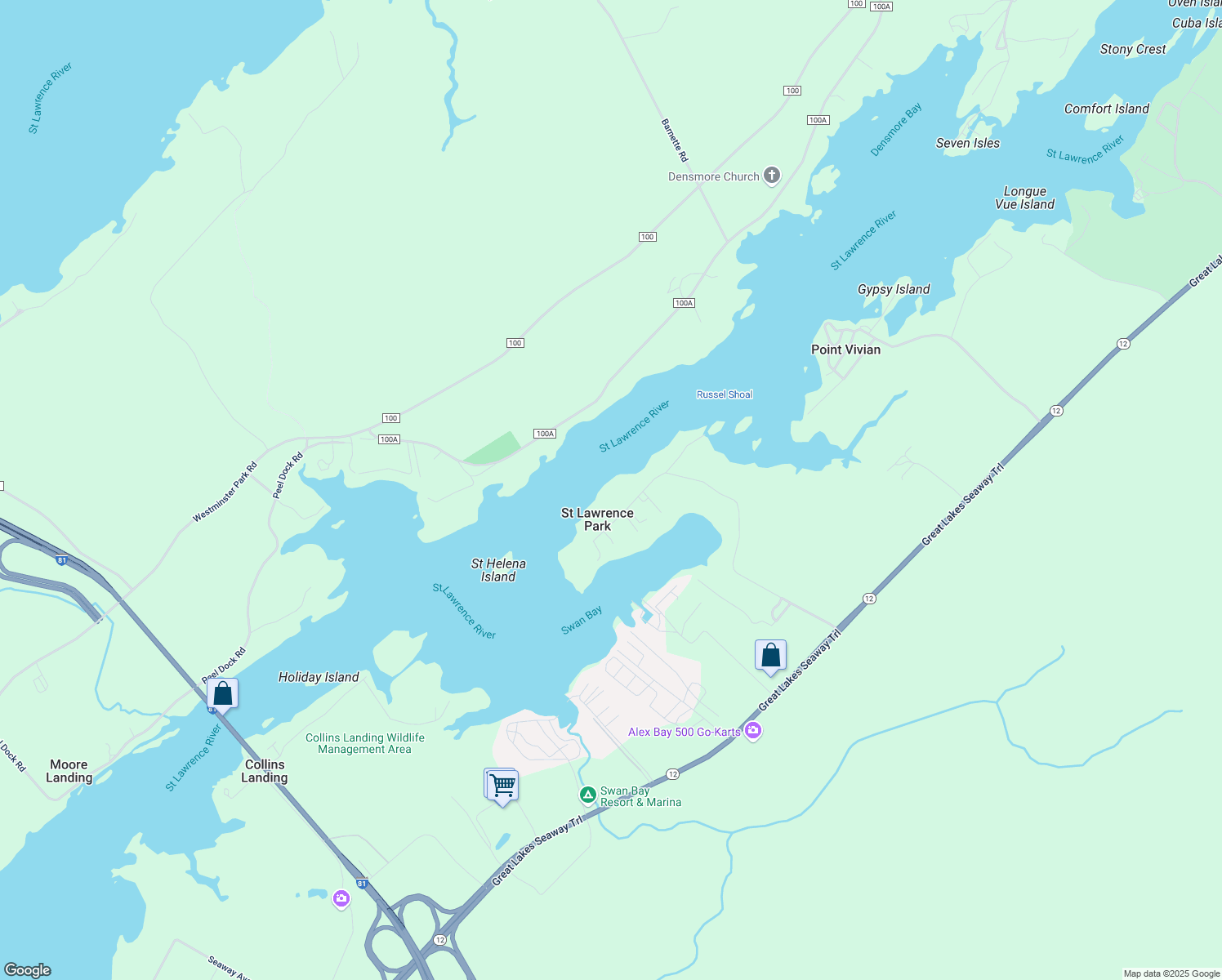 map of restaurants, bars, coffee shops, grocery stores, and more near 20505 Saint Lawrence Park Road in Alexandria Bay