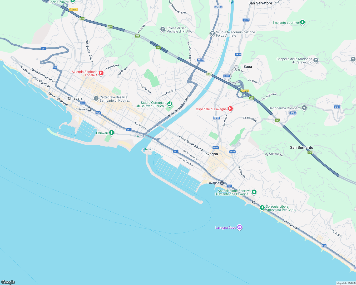 map of restaurants, bars, coffee shops, grocery stores, and more near 21 Via Cesare Battisti in Lavagna