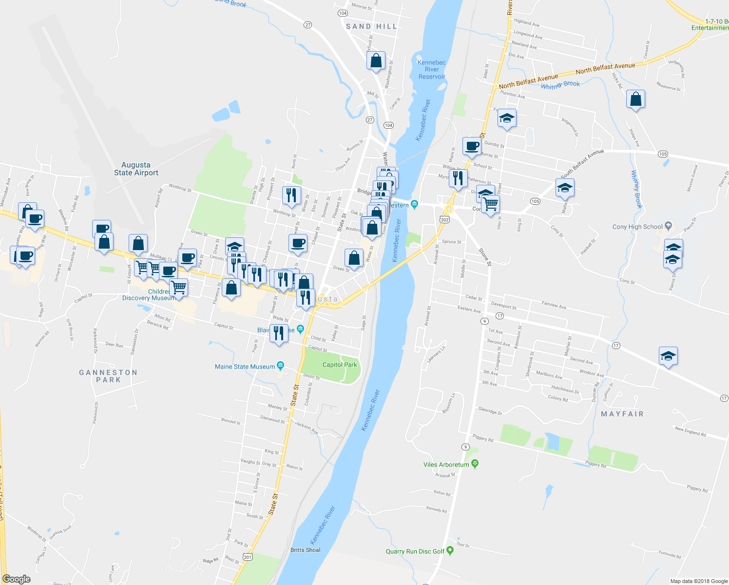 map of restaurants, bars, coffee shops, grocery stores, and more near 6 Swan Street in Augusta