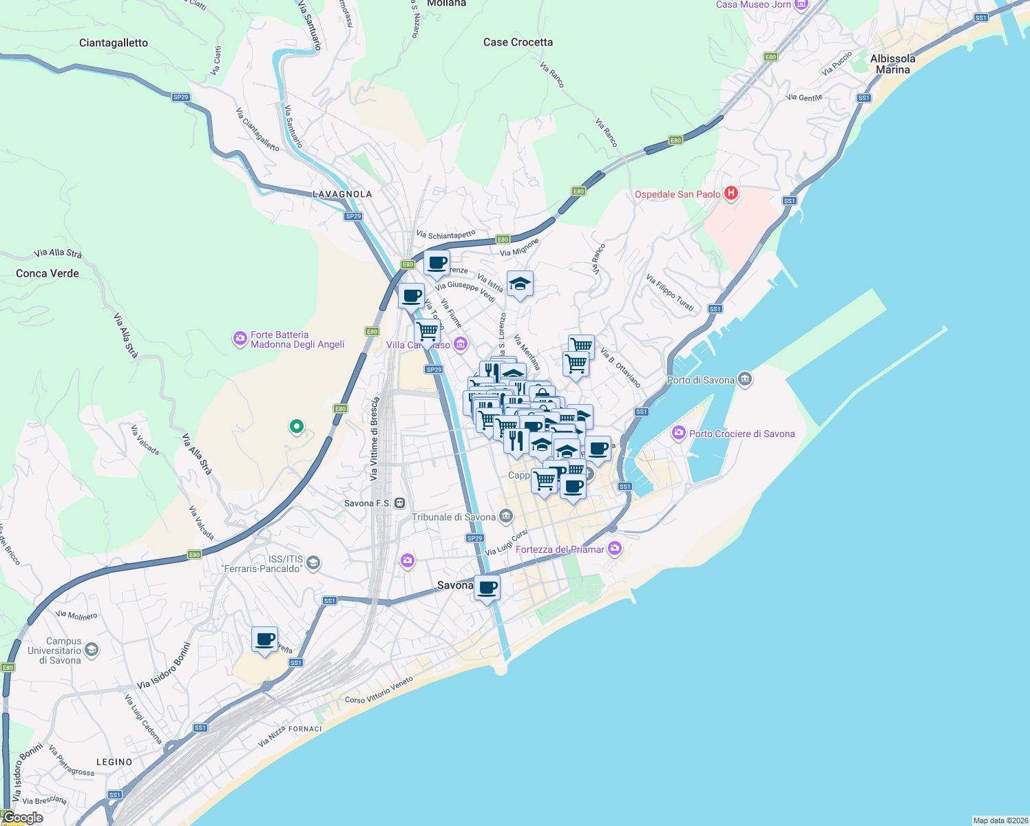 map of restaurants, bars, coffee shops, grocery stores, and more near 32 Piazza Aurelio Saffi in Savona
