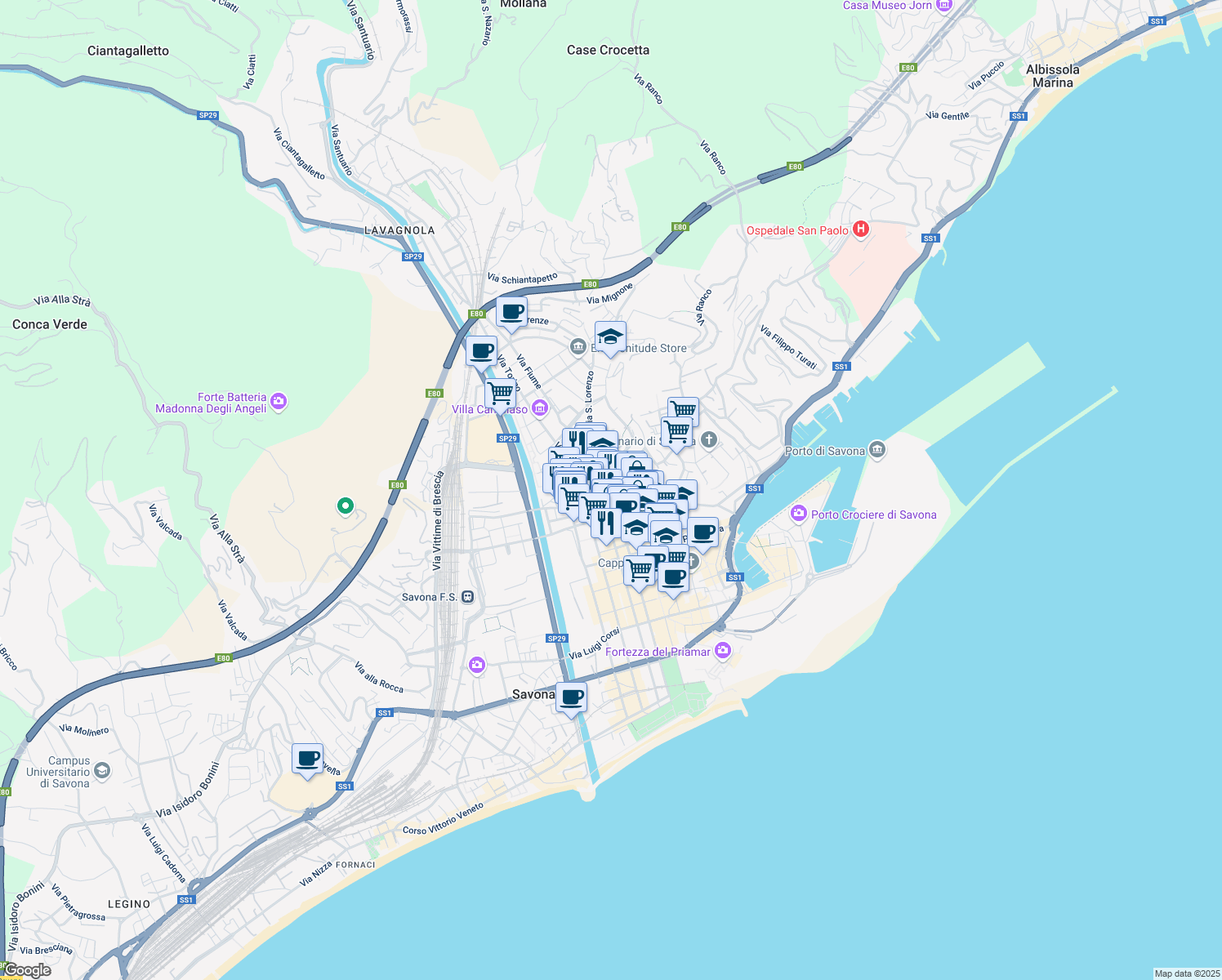 map of restaurants, bars, coffee shops, grocery stores, and more near 32 Piazza Aurelio Saffi in Savona