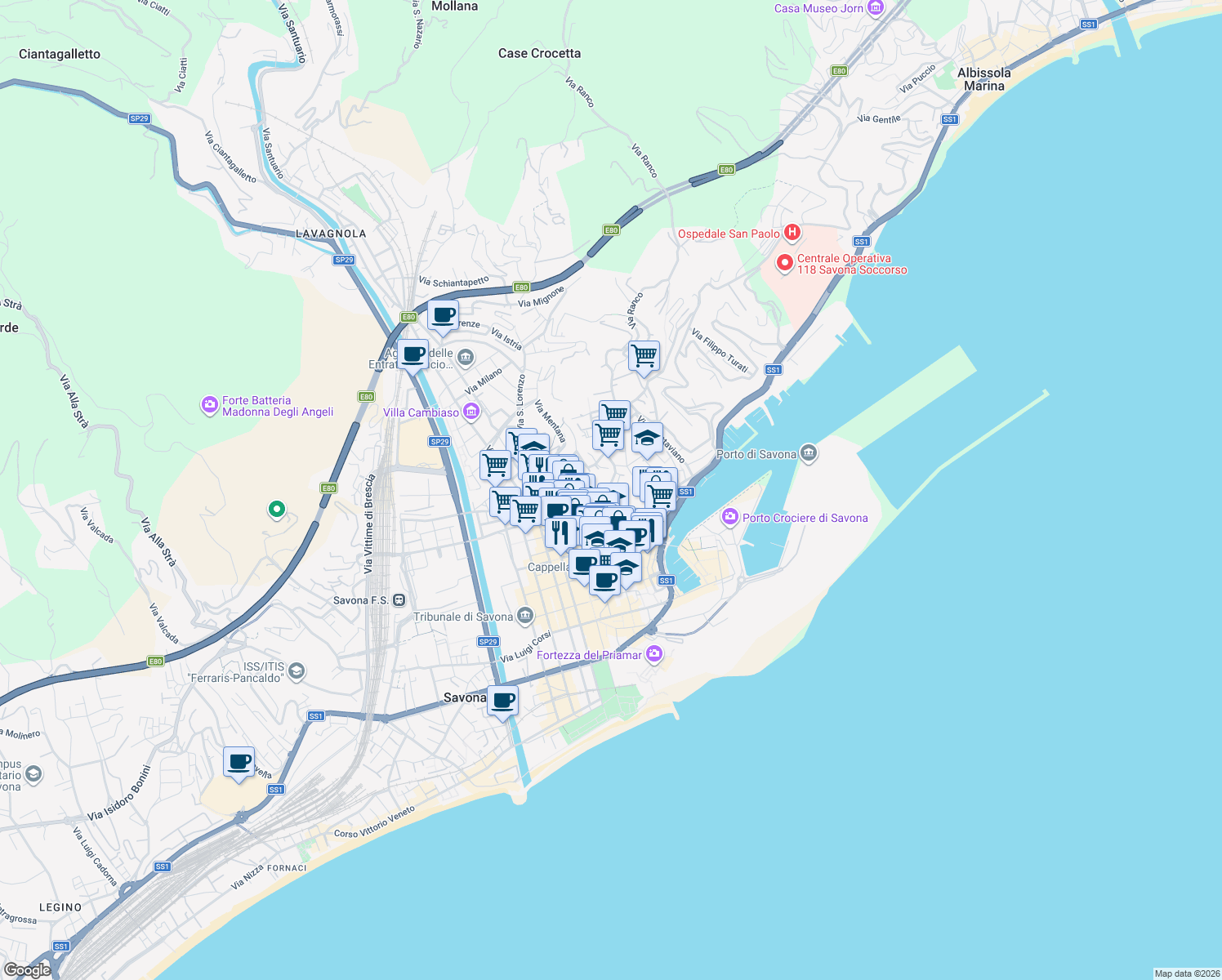 map of restaurants, bars, coffee shops, grocery stores, and more near Via dello Sperone in Savona