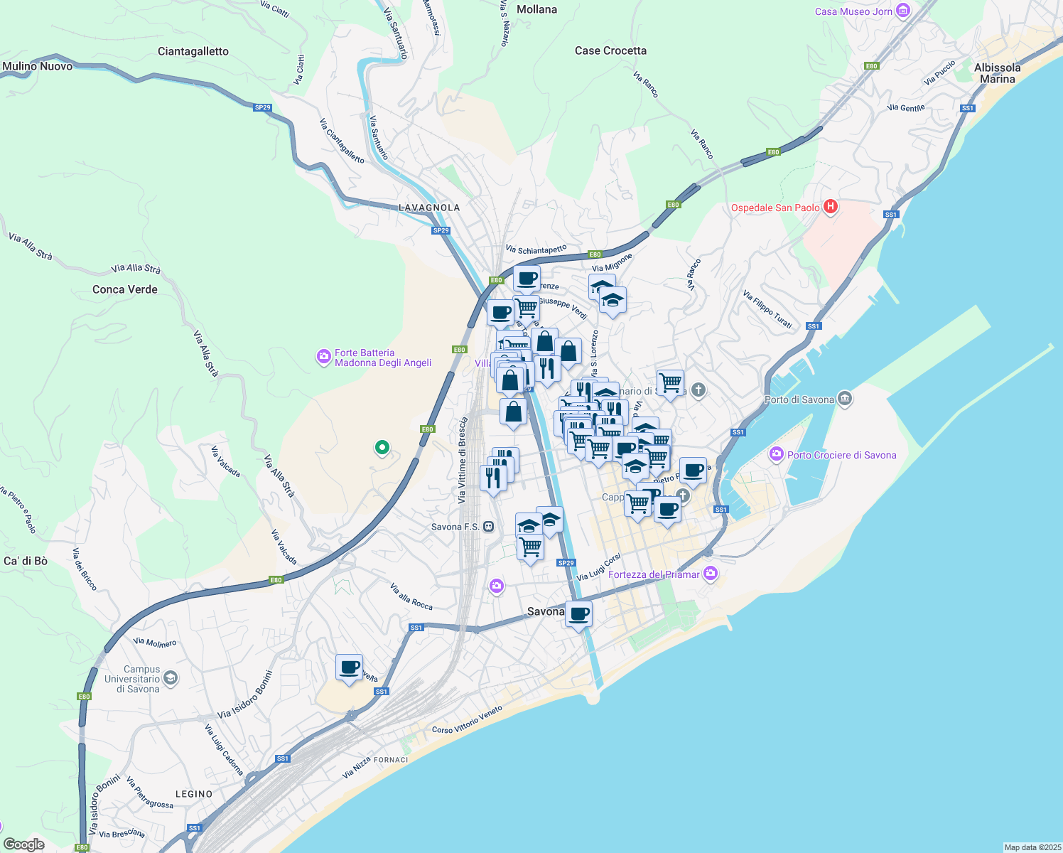 map of restaurants, bars, coffee shops, grocery stores, and more near 40 Corso Agostino Ricci in Savona